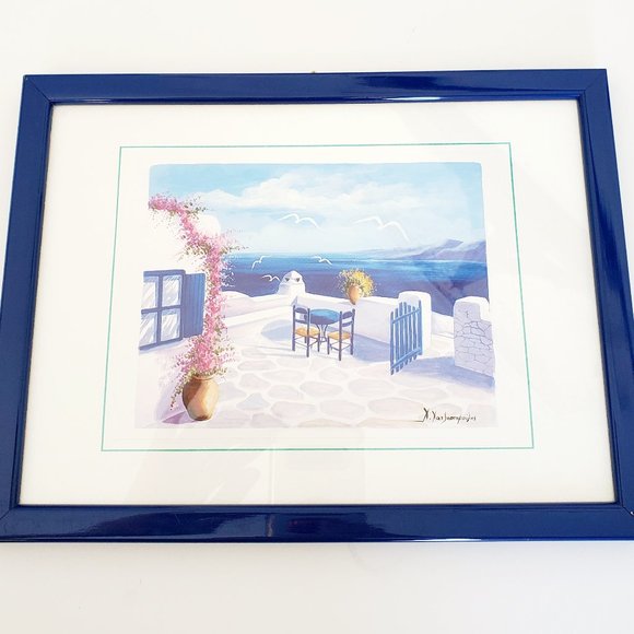 Mykonos Style 'Greek House by the Sea' Cobalt Blue Matted Framed Wall Art Print - Picture 1 of 3